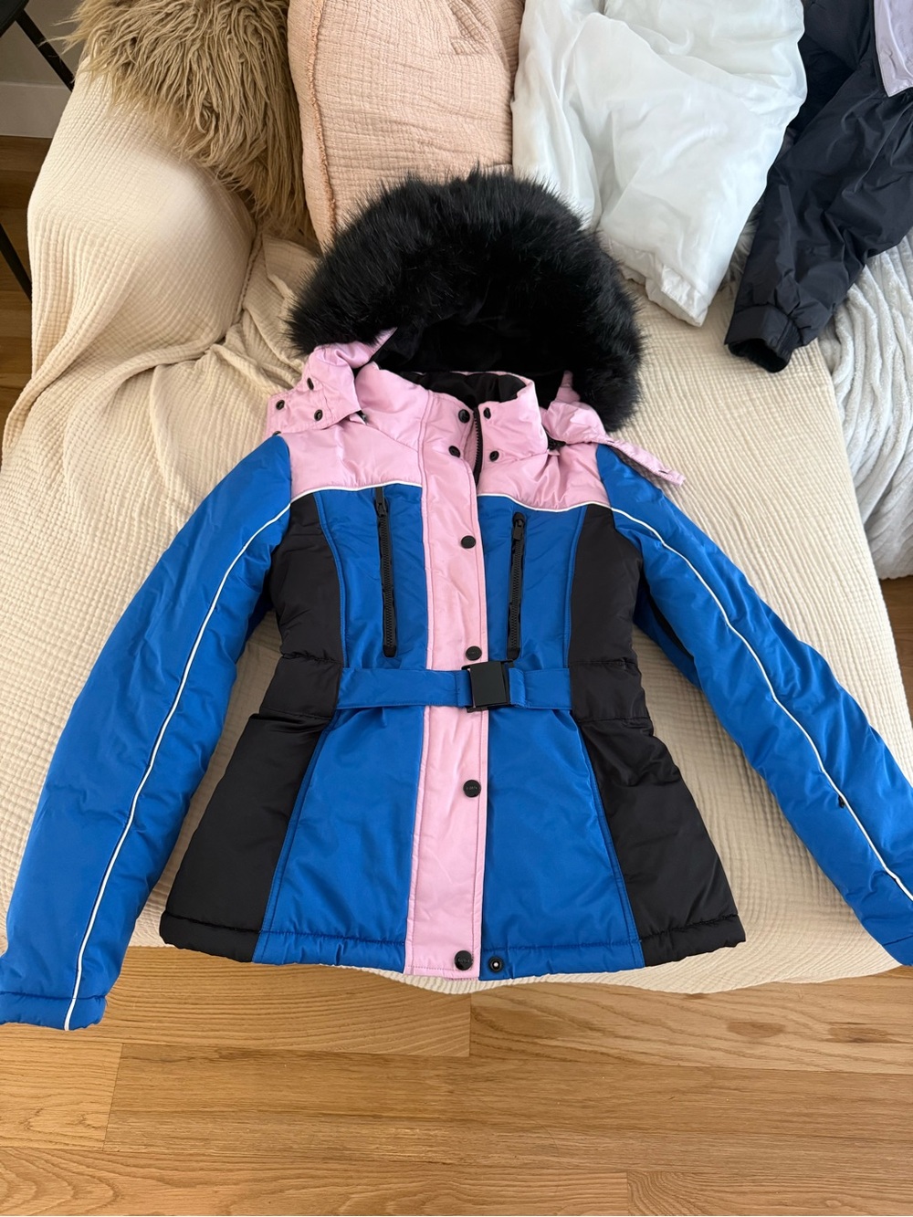 Topshop Blue, Pink & Black Colorblock Puffer Jacket with Faux Fur Hood